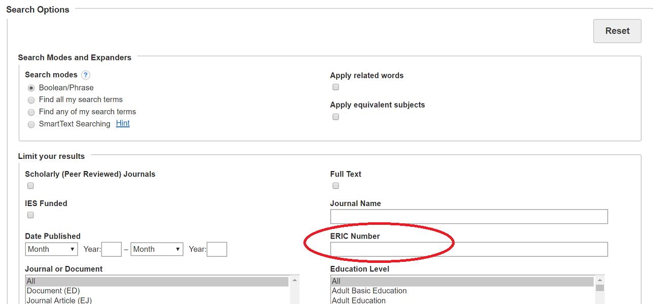 Screenshot of the advanced search in the ERIC database, showing where the ERIC Number search field is