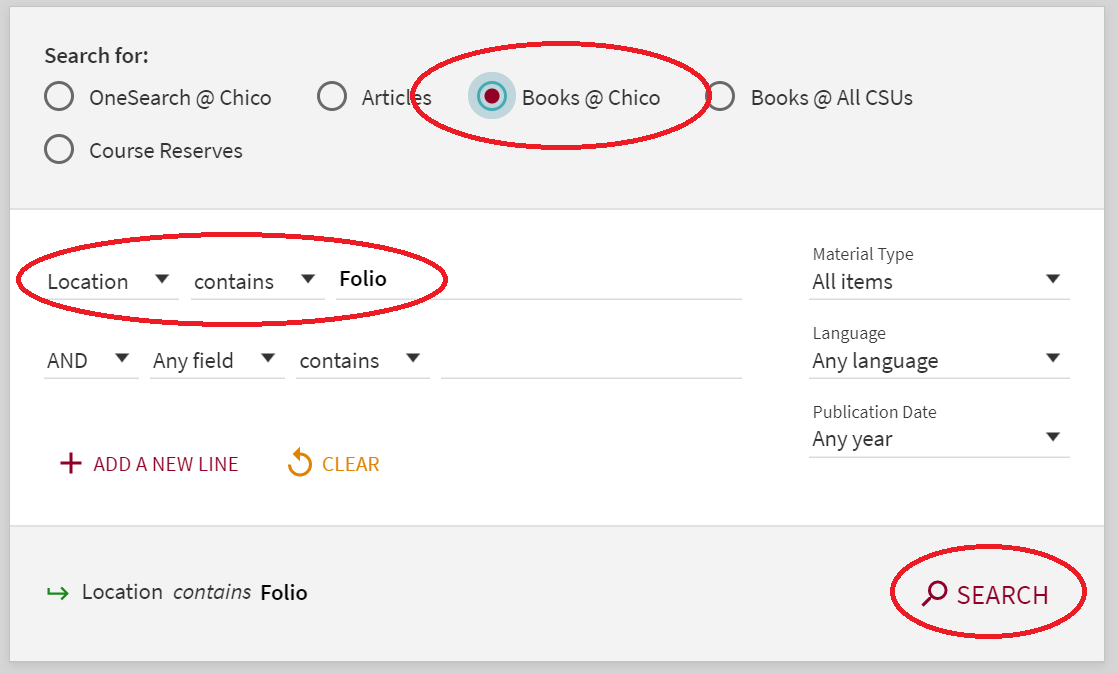 Screenshot of the OneSearch Advanced Search function and how to find Folio books