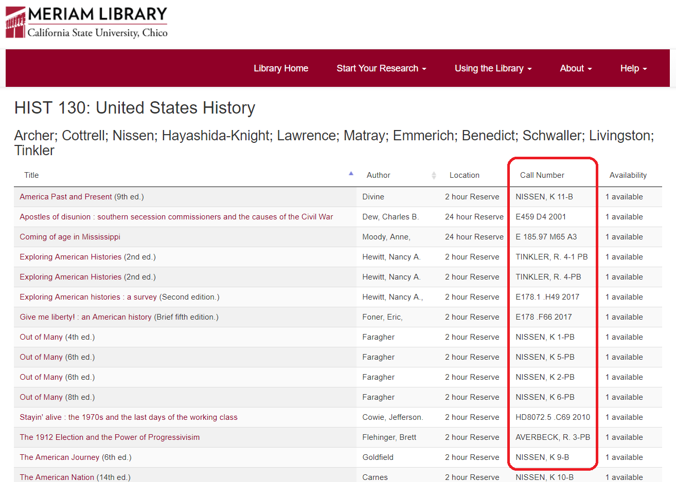 Course Reserve list for HIST 130