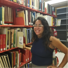 Photo of a librarian with books