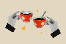 Illustration of two hands holding coffee cups