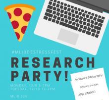 research party flyer image with pizza and laptop